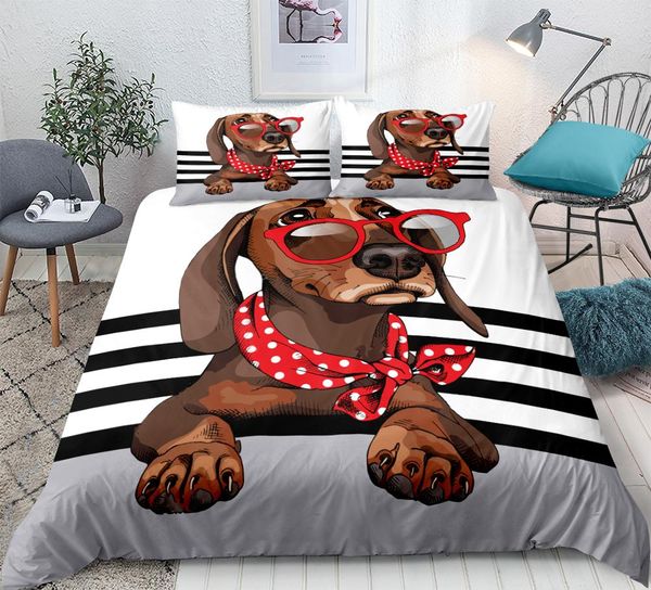 

3 piece trendy puppy bedding set dachshund duvet cover set animals quilt cover teen kids cute pet bed set king hometextile