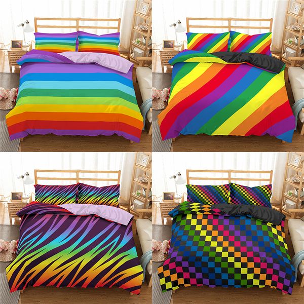 

homesky rainbow printing bedding set colorful stripe comforter bedding set 100% microfiber bed linen king  size bedclothes 1012