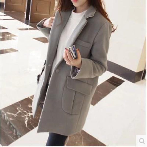 

women woolen coat 2019 autumn fashion 2 pocket one buckle jackets womens slim spring coat jacket girls outwear gray 3xl1, Black