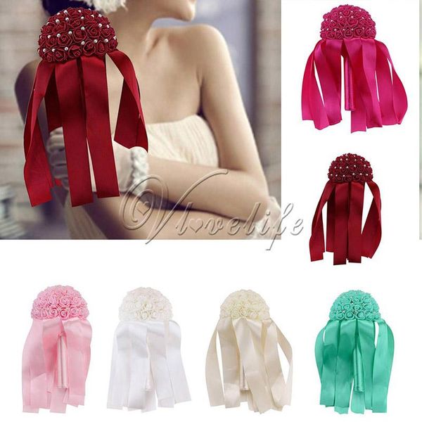 

decorative flowers & wreaths handmade wedding bouquet bridal artificial rose flower brooch ceystal rhinestone ribbon party decor