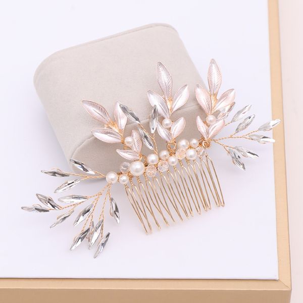 

trendy gold pearl comb handmade crystal leaf hair combs wedding hair accessories tiaras bridal women hair jewelry head ornaments, Slivery;golden