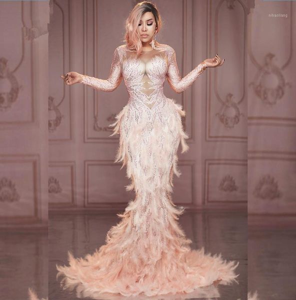 

stage wear sparkly rhinestones pink feather nude dress full stones long big tail costume prom birthday celebrate dresses1, Black;red