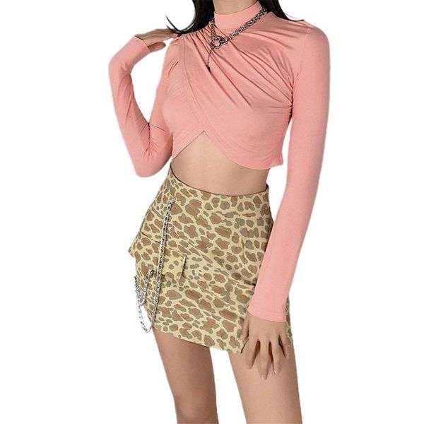 

women solid color crop criss cross ruched high neck long sleeve shirts, White
