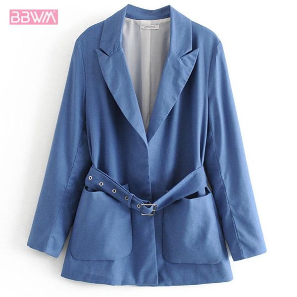 

2020 summer new women's long-sleeved belt fashion women's jacket lapel pocket treasure blue loose casual harajuku female coat, Black;brown