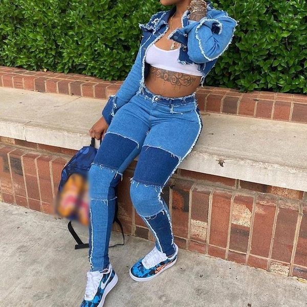 

fashion patchwork women tassel denim set turn-down collar short jacket bodycon pant autumn streetwear female skinny jean suit1, Gray