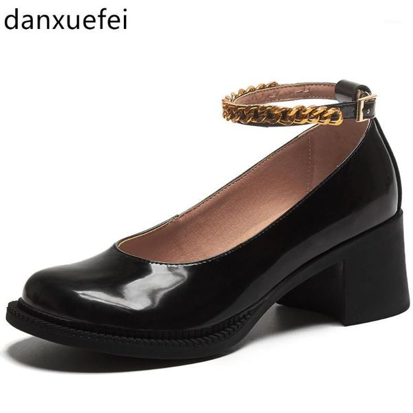 

dress shoes women's genuine leather chunky heel round toe japanese style chian ankle strap confortable pumps female 1, Black