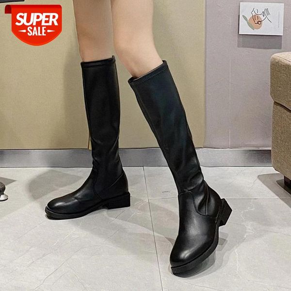 

lucyever autumn winter pu leather knee high boots women 2020 slip on square heel shoes woman elastic high platform boots ladies #0t7m, Black