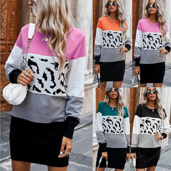 

designer knitted dress casual long sleeve contrast color panelled pencil dress autumn female clothing leopard striped printed, Black;gray