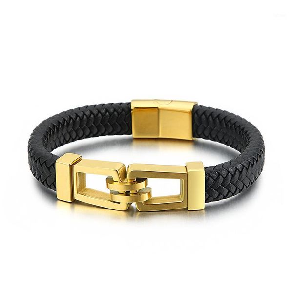 

fashion men silver color black gold titanium steel bicycle round magnetic buckle weave leather bracelets jewelry1