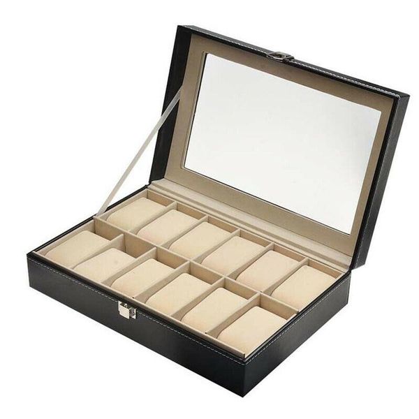

12 slots men watch box leather display organizer w/ glass jewelry storage new