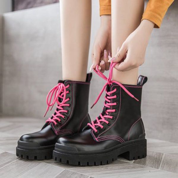 

gufansa fashion british style patent leather ankle boots for women thick bottom motorcycle boots woman square heels botas mujer, Black