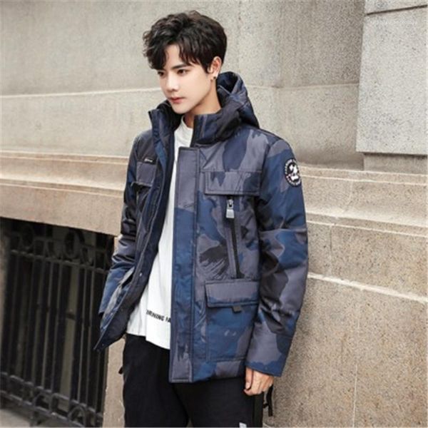 

slim hooded outerwear designer male warm casual coats man camouflage tooling down jacket fashion korean version cardigan zipper button, Black;brown