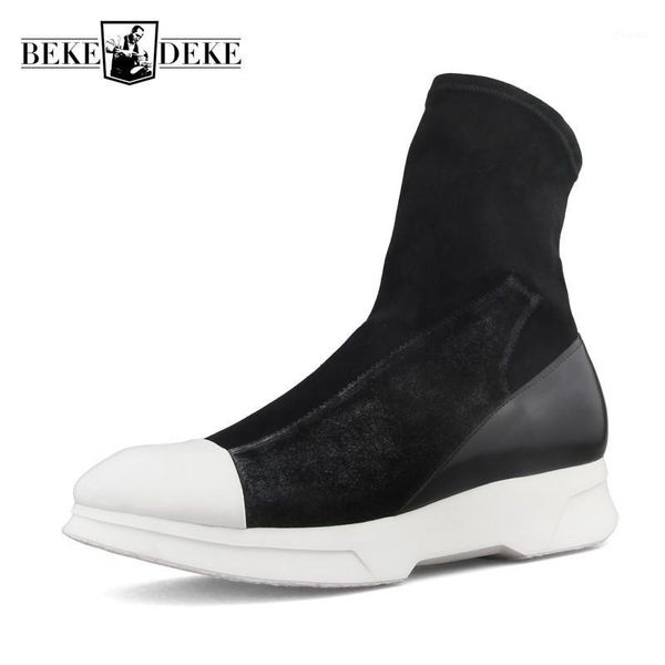 

high street harajuku high men slip on hosiery boots leather patchwork thick bottom increase male casual platform boots1, Black