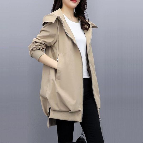 

lined 2021 autumn new in hooded trench women long coat jacket korean style casual solid color zipper windbreaker female outwear, Tan;black