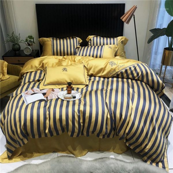 

luxury gold bedding set with dark blue stripes print duvet cover pillowcase smooth silk bed sheets double bed linen for home 4pc1