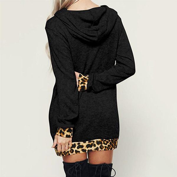 

loose women hoodies fashion womens casual long sleeve hooded leopard print loose pocket dress korean style sweatshirt women 45, Black