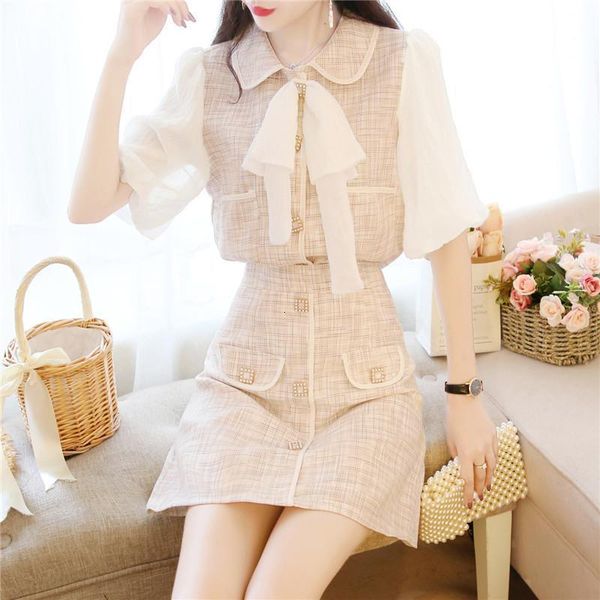 

sweetxue women's cute kawaii two piece set temperament lapel bow lantern sleeve single-breasted + high waist mini skirt suit, Gray