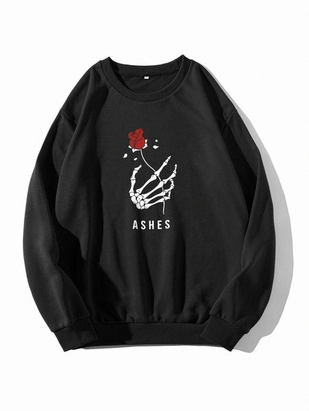 

rose & skeleton finger print thermal pullover t90j#, White;black