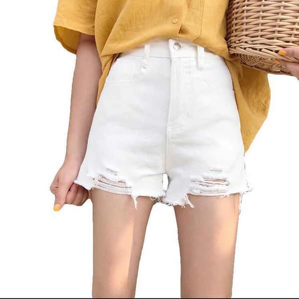 

new women's high waist hole loose denim shorts1, White;black