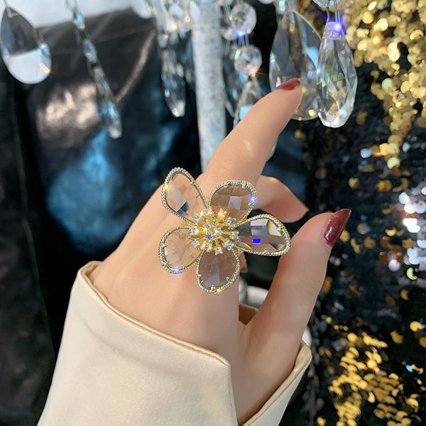 

crystal petal exaggerated index finger ring women's light luxury net fashion personality ring decoration ring, Silver