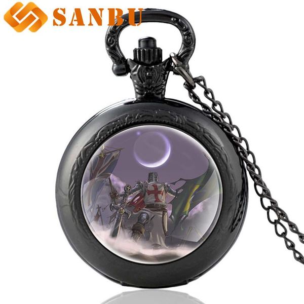 

pocket watches unique personality black watch vintage men women quartz knight templar pendant necklace jewelry, Slivery;golden