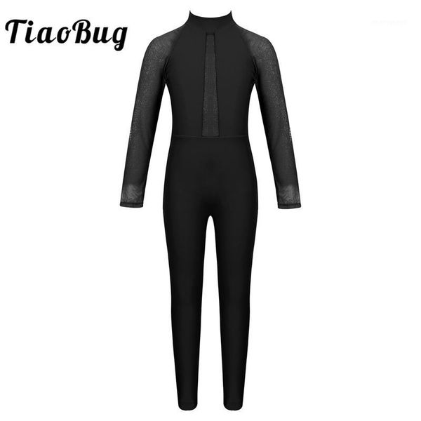 

stage wear tiaobug kids dancewear mesh long sleeves mock neck zippered gymnastics leotard jumpsuit girls ballet dance costume gym unitards1, Black;red