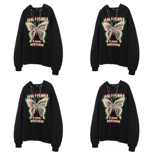 

v1evz dark пуловеры мужские бабочки напечатаны hoodiewind балахон шляпа высокой уличной моды бренд хип-хоп моды балахон свободный пуловер 7d, Black