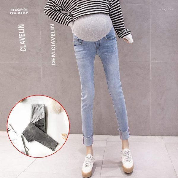 

spring summer maternity jeans clothes for pregnant women elastic thin pencil feet pregnancy pants women's denim skinny trousers1, White