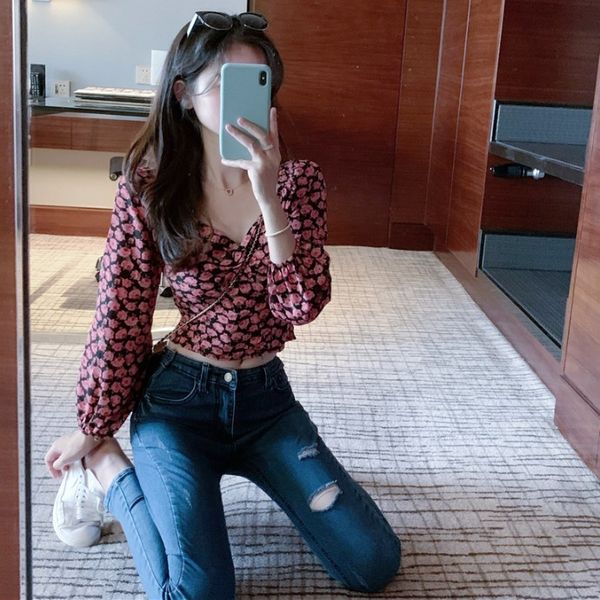 

autumn 2020 new rose flower v-neck long sleeve chiffon short shirt women's wear