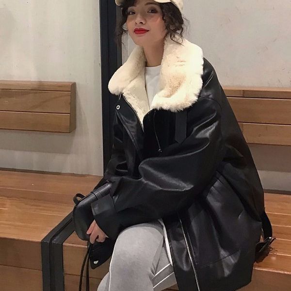 

2020 new winter lamb hair pu fur jacket women loose splice lapel zipper oversized leather coat female biker jacket abrigo mujerx1016, Black;brown