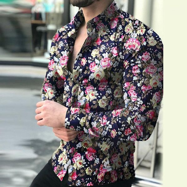 

plus size l-5xl slim fit male social business dress long sleeved botton blouse men's fashion casual floral printed shirts1, White;black