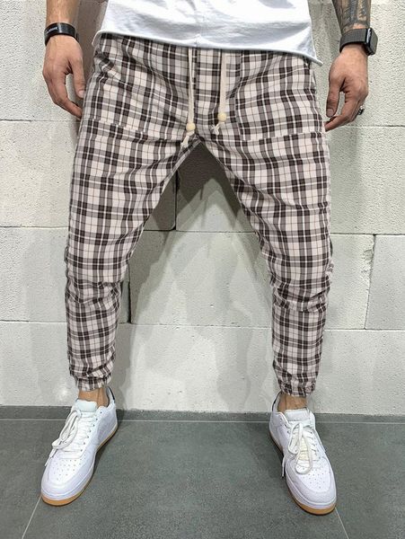 

men plaid print drawstring waist pants q66u#, Black