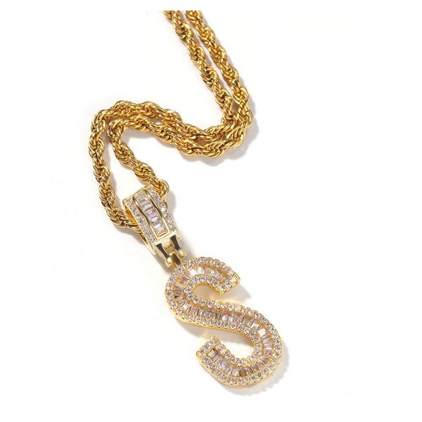 

a-z iced out baguette initials single letters hip hop pendant chain gold silver bling zirconia men's hip