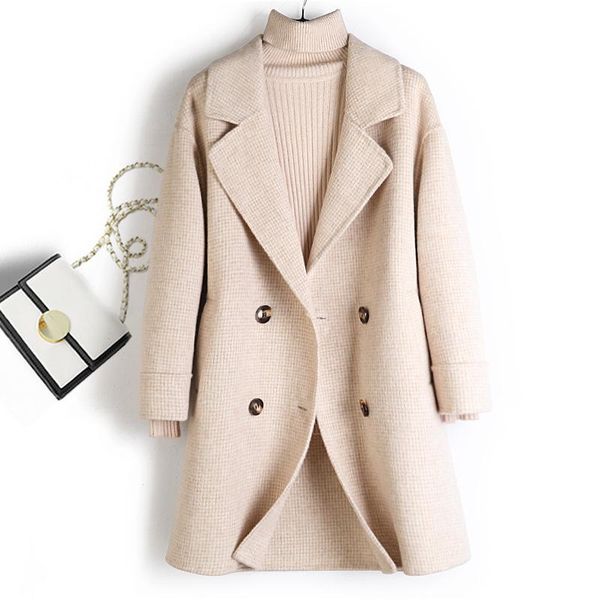 

women's wool & blends fashion plaid double-sided mid-length loose-fitting double-breasted lady-like woolen cloth 2021 winter coat women, Black