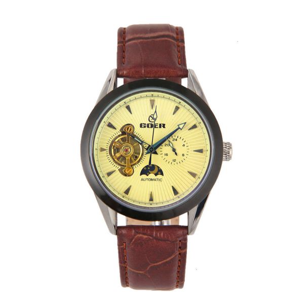

men's t-goer simple fashion flywheel mechanical belt watch, Slivery;brown