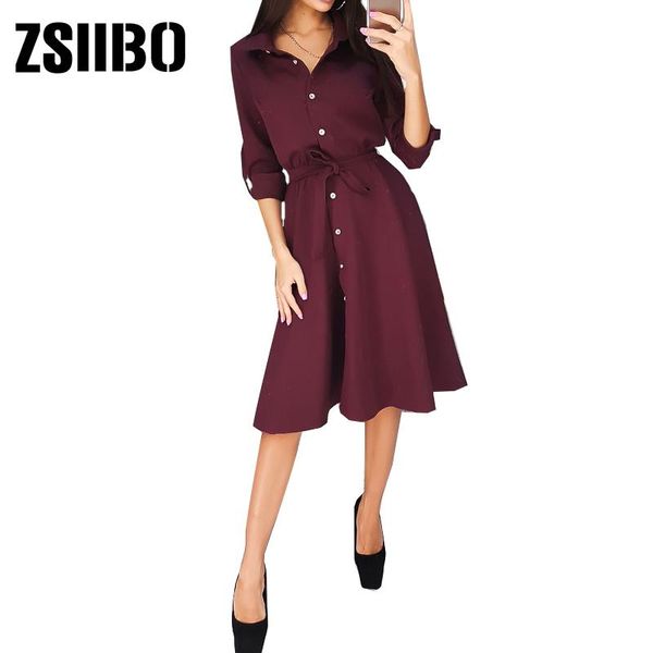 

casual dresses zsiibo office dress 2021 belt lapels button solid color knee length simple fashion cardigan a word, Black;gray