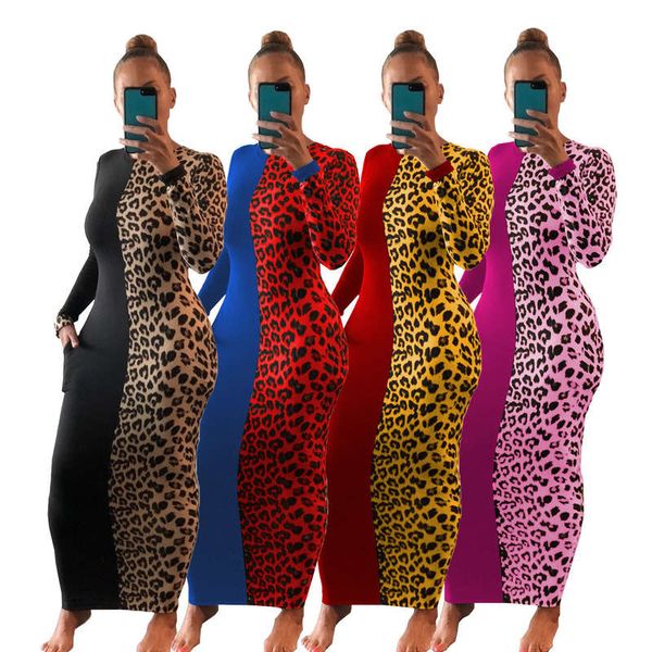 

z8034 women's dress stitching leopard print contrast tight autumn and winter, Black;gray