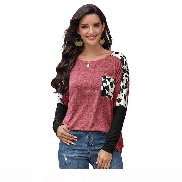 

женщины леопардовые карманные тройники круглые шеи с длинным рукавом рубашки свободные женщины футболка мода женские одежды будут и песчаные, White