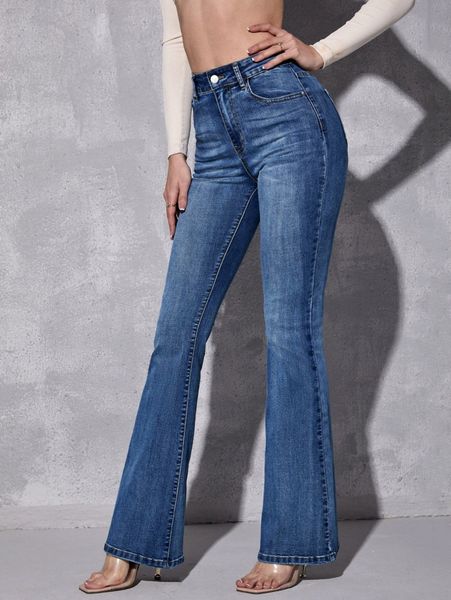 

high waist flare leg jeans 012m#, Blue