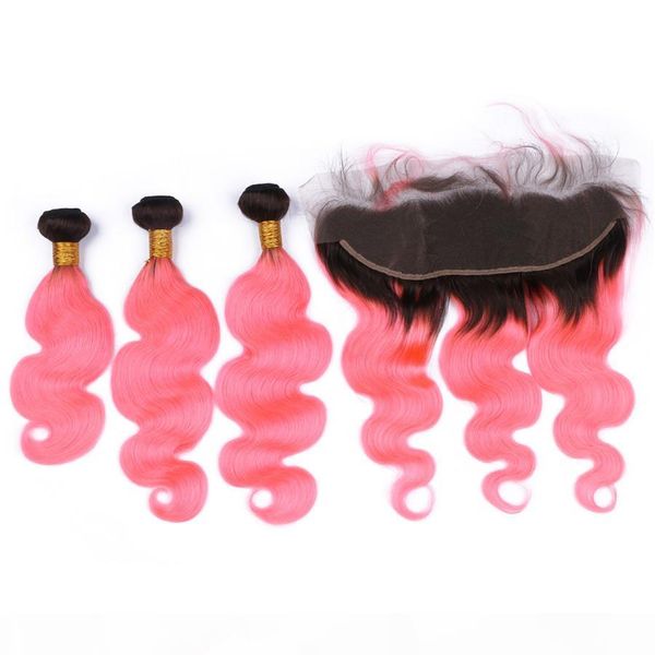 

black to pink ombre lace frontal closure with hair bundles 1b pink body wave ombre peruvian human virgin hair weaves and 13x4 closure, Black;brown
