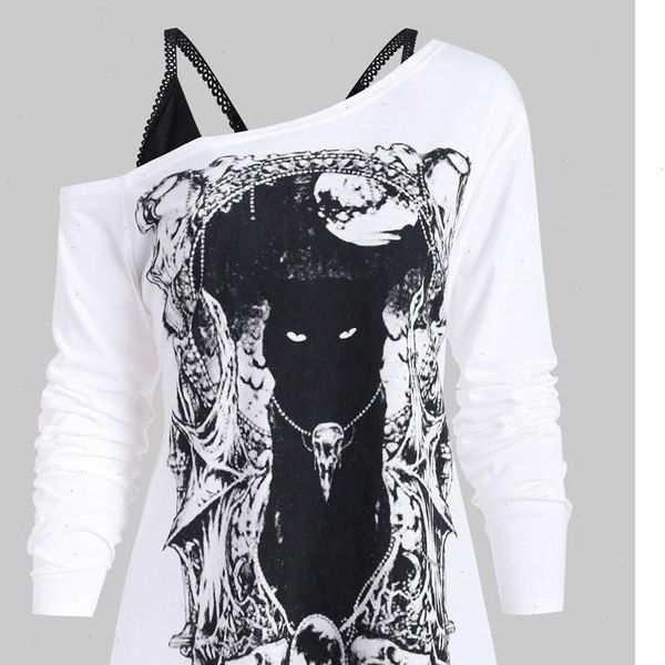 

fashion blouse women shirt skew neck cold shoulder cartoon print gothic tee with cami women z4, White