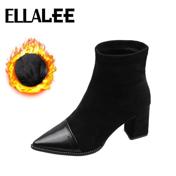 

heels boots female shoes 2020 fashionable pu pointed toe microfiber upper square chunky heel slip on elegant women boots, Black