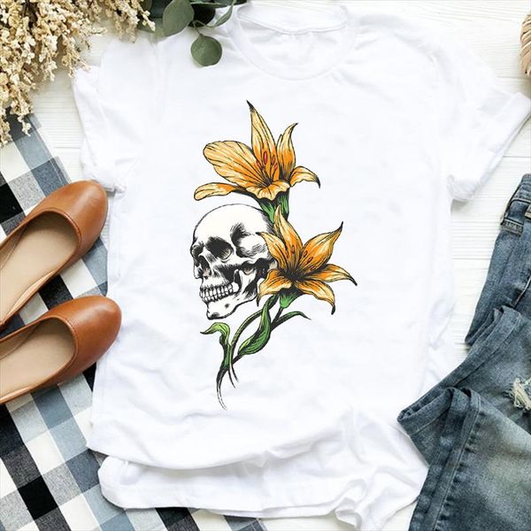 

женская леди страшный цветочный череп 90-х годов trend осень осень осень хэллоуин печать футболку женские т футболка женская рубашка одежда, White