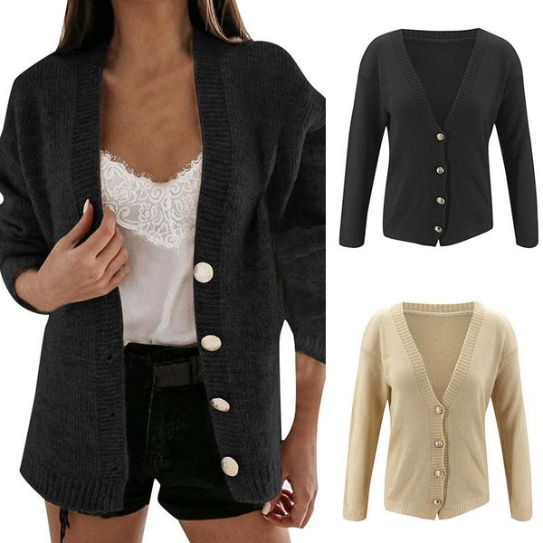

new autumn knit cardigans female solid color knitwear v neck loose sweaters women single breasted jacket coat outerwear, White