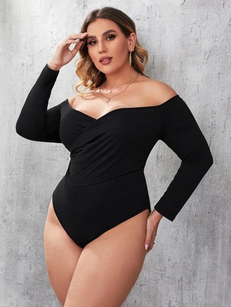 

plus off shoulder crossover bodysuit v6eq#, Black