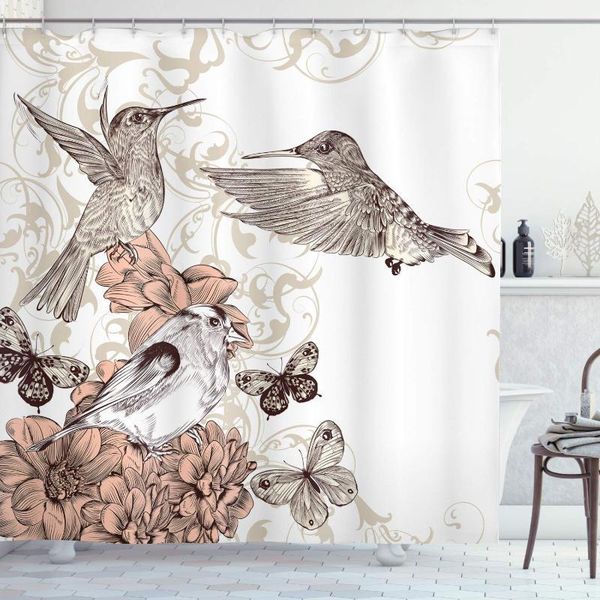 

hummingbird shower curtain vintage style artwork with birds butterflies on blossoms ornamental background bathroom decor set1