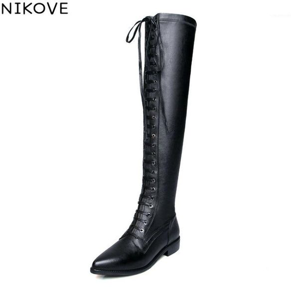 

boots nikove 2021 women stretch fabric leather zipper over the knee winter shoes pointed toe square heels long 34-421, Black