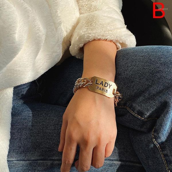 

1pcs hip hop letter square locket pendant punk chain women bracelet1, Golden;silver