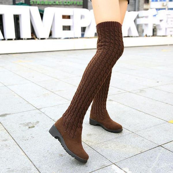 

2020 women's boots autumn winter thigh high boots for woman shoes knitting wool long boot women brown/black boot ladies shoes