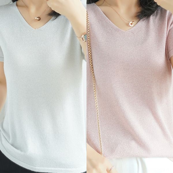 

20 summer thin new ice silk v-neck short sleeve t-shirt silkvest silkwomen's half sleeve knitted t-shirt short loose bright silk ves, White;black